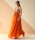 Orange Heavy Yoke Flower Anarkali With Scallop Dupatta