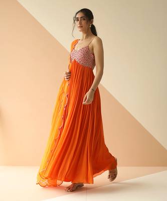 Orange Heavy Yoke Flower Anarkali With Scallop Dupatta 2