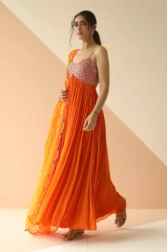 Orange Heavy Yoke Flower Anarkali With Scallop Dupatta