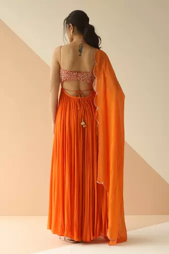 Orange Heavy Yoke Flower Anarkali With Scallop Dupatta