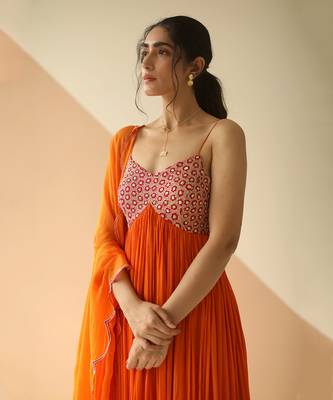 Orange Heavy Yoke Flower Anarkali With Scallop Dupatta 4
