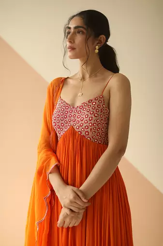 Orange Heavy Yoke Flower Anarkali With Scallop Dupatta