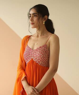 Orange Heavy Yoke Flower Anarkali With Scallop Dupatta 5