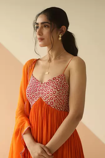Orange Heavy Yoke Flower Anarkali With Scallop Dupatta