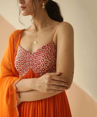 Orange Heavy Yoke Flower Anarkali With Scallop Dupatta 6