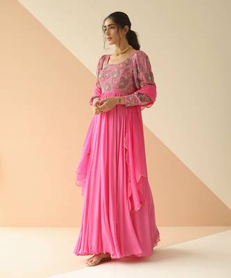 Bubble Pink Heavy Yoke Bell Sleeve Jaal Anarkali With Border Dupatta 1