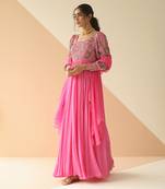 Bubble Pink Heavy Yoke Bell Sleeve Jaal Anarkali With Border Dupatta
