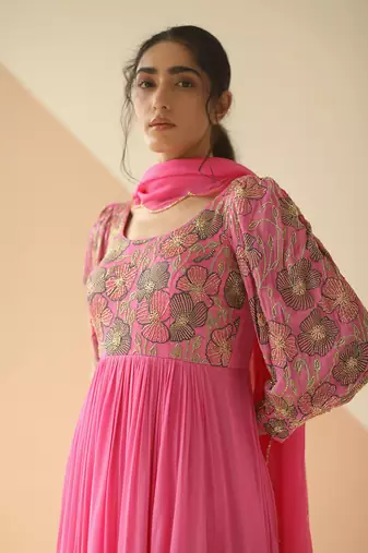 Bubble Pink Heavy Yoke Bell Sleeve Jaal Anarkali With Border Dupatta