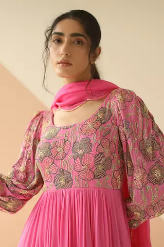 Bubble Pink Heavy Yoke Bell Sleeve Jaal Anarkali With Border Dupatta