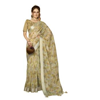 Golden printed organza saree with blouse 1