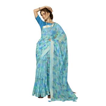 Blue printed organza saree with blouse 1