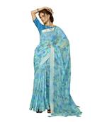 Blue printed organza saree with blouse