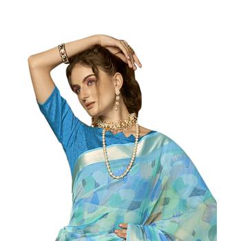 Blue printed organza saree with blouse 2
