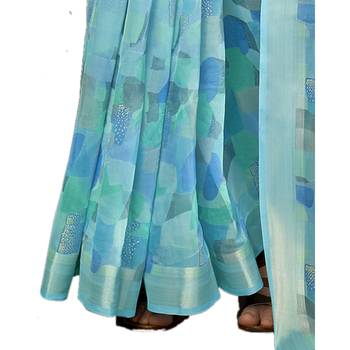 Blue printed organza saree with blouse 3