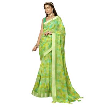 Green printed organza saree with blouse 1