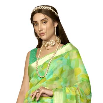 Green printed organza saree with blouse 2