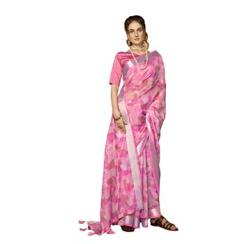 Pink printed organza saree with blouse 1