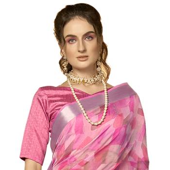 Pink printed organza saree with blouse 2