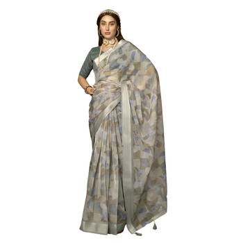 Grey printed organza saree with blouse 1
