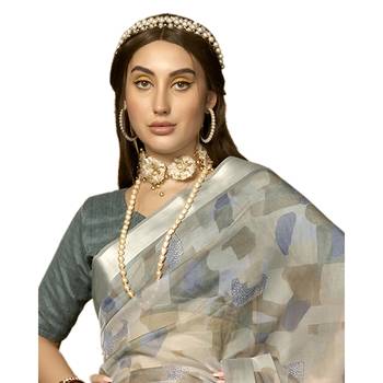 Grey printed organza saree with blouse 2