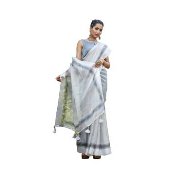 Grey printed organza saree with blouse 1