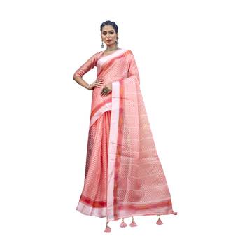 Pink printed organza saree with blouse 1