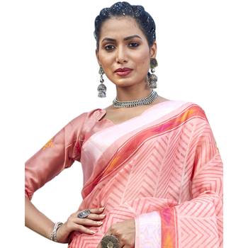 Pink printed organza saree with blouse 2