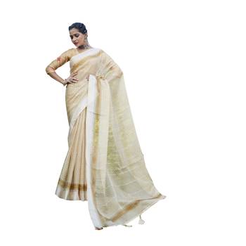 Beige printed organza saree with blouse 1
