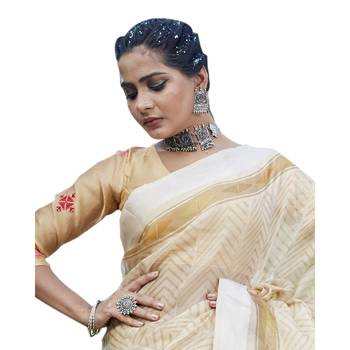 Beige printed organza saree with blouse 2