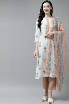 Sea-green printed silk ethnic-kurtis