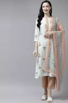Sea-green printed silk ethnic-kurtis
