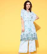 Turquoise embroidered georgette ethnic-kurtis