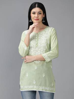 Green embroidered cotton short-kurtis 1