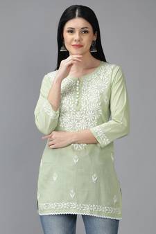 Green embroidered cotton short-kurtis