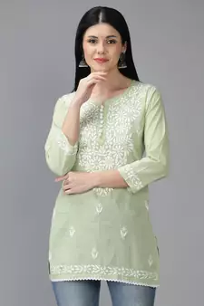 Green embroidered cotton short-kurtis