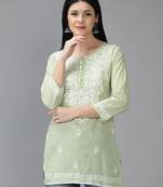 Green embroidered cotton short-kurtis