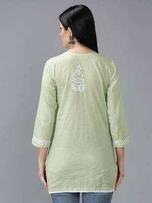 Green embroidered cotton short-kurtis 2