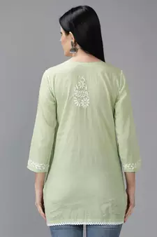 Green embroidered cotton short-kurtis