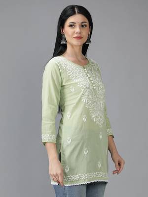 Green embroidered cotton short-kurtis 3