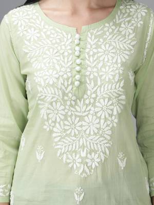 Green embroidered cotton short-kurtis 4