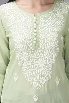 Green embroidered cotton short-kurtis