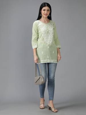 Green embroidered cotton short-kurtis 5