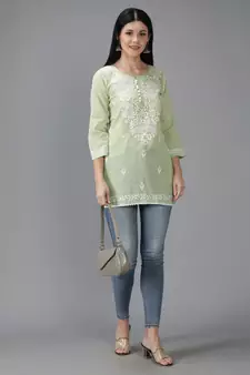 Green embroidered cotton short-kurtis