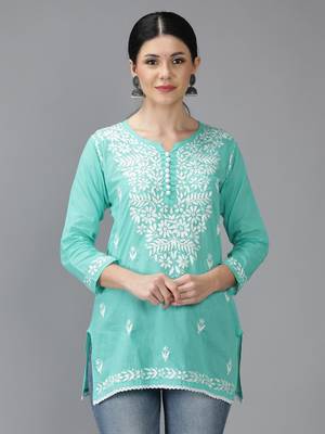 Hand Embroidered Lucknowi Chikankari Sea Green Cotton Short Top 1