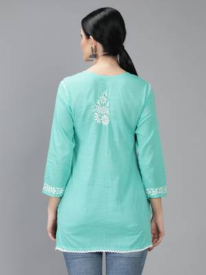 Hand Embroidered Lucknowi Chikankari Sea Green Cotton Short Top 2