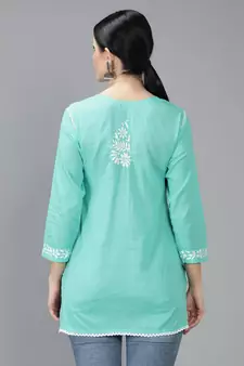 Hand Embroidered Lucknowi Chikankari Sea Green Cotton Short Top