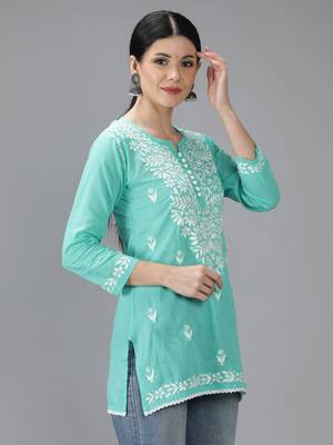 Hand Embroidered Lucknowi Chikankari Sea Green Cotton Short Top 3