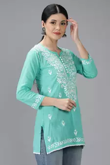 Hand Embroidered Lucknowi Chikankari Sea Green Cotton Short Top