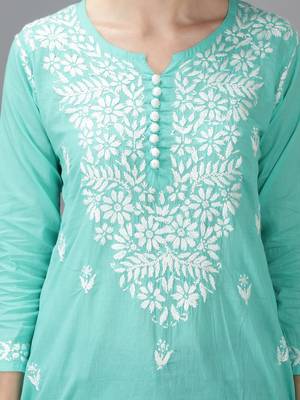 Hand Embroidered Lucknowi Chikankari Sea Green Cotton Short Top 4