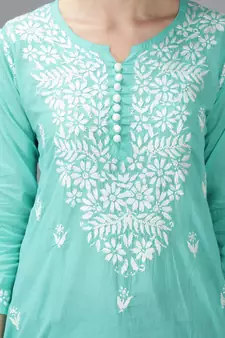 Hand Embroidered Lucknowi Chikankari Sea Green Cotton Short Top